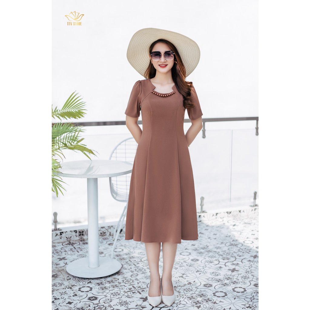 Đầm trung niên cao cấp TTV1071 TTV Store thiết kế form xoè nâu cafe dự tiệc