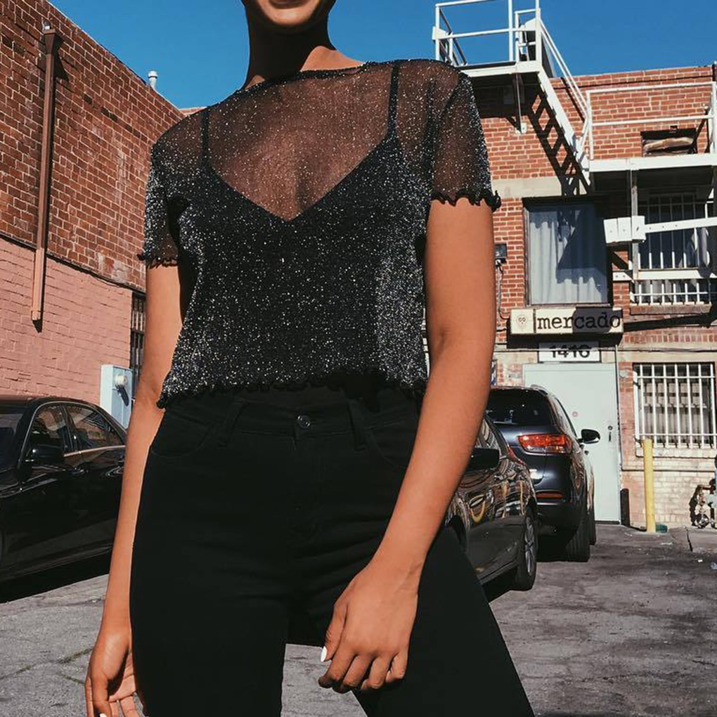 Áo Crotop trong suốt tay ngắn cổ tròn 2 màu trắn/đen | BigBuy360 - bigbuy360.vn