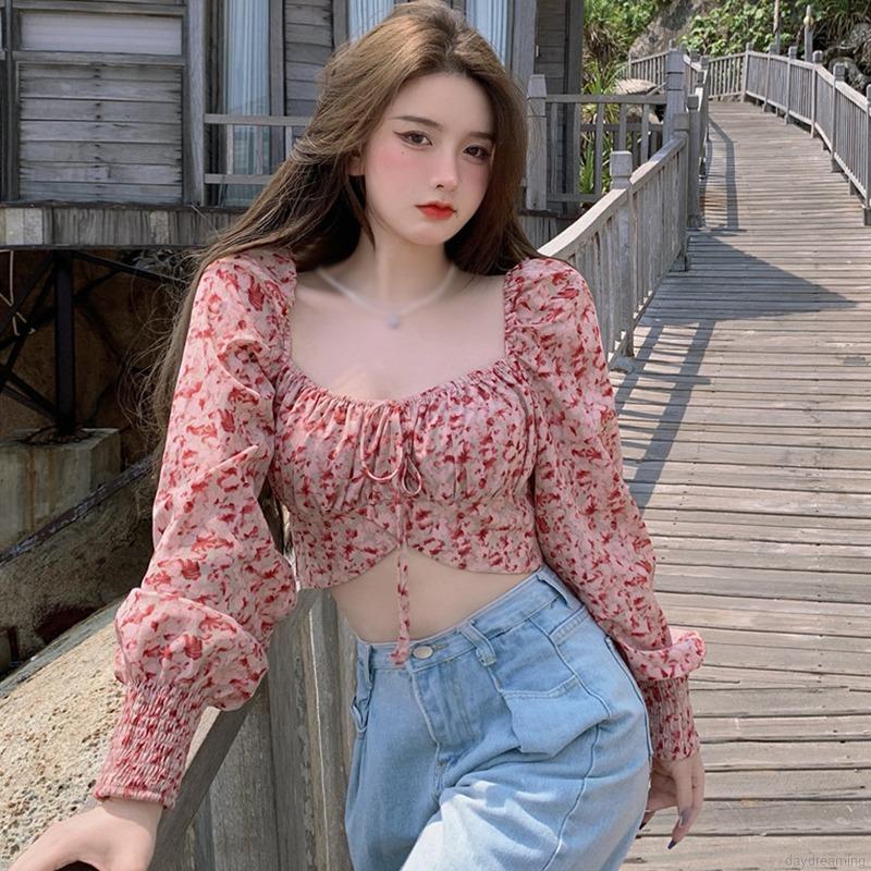 Áo Croptop Dài Tay Chất Voan Hoạ Tiết In Hoa Cho Nữ