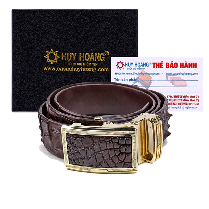 Thắt lưng nam Huy Hoàng da cá sấu gai lưng màu nâu đất HW4244
