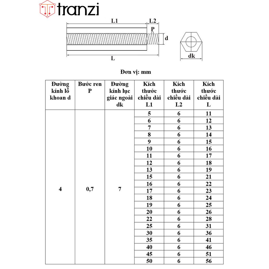 Trụ vít lục giác đực cái nhựa trắng M3x20+6 - túi 10 cái