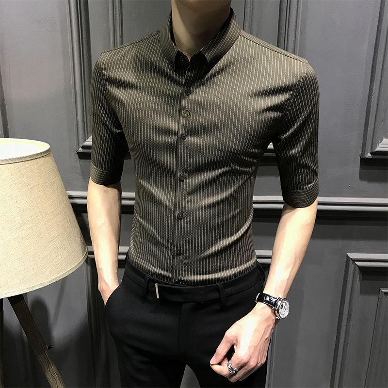 Áo Sơ Mi Tay Lửng Kẻ Sọc Thêu Họa Tiết Mẫu Mới Thời Trang Cho Nam