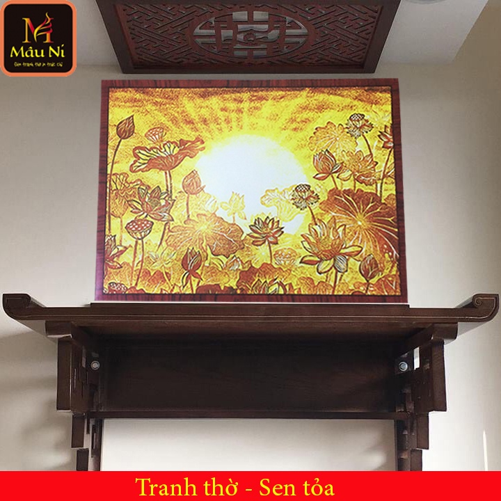 TRANH TRÚC CHỈ IN MÂU NI- kt 61cmx81cm - sen tia- dán phòng thờ, vách thờ, bàn thờ,..