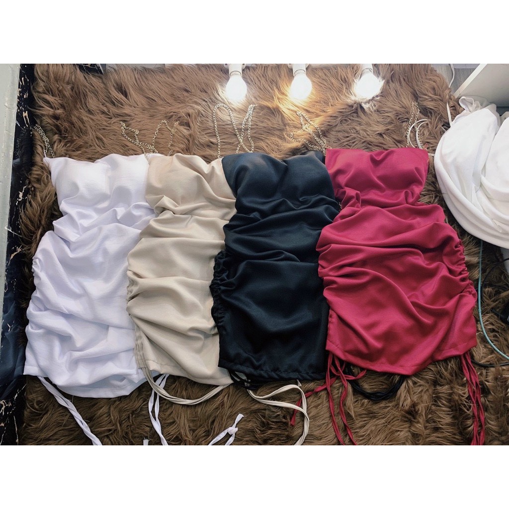 Đầm body dây xích rút 2 bên vải satin nhung cao cấp có mút ngực