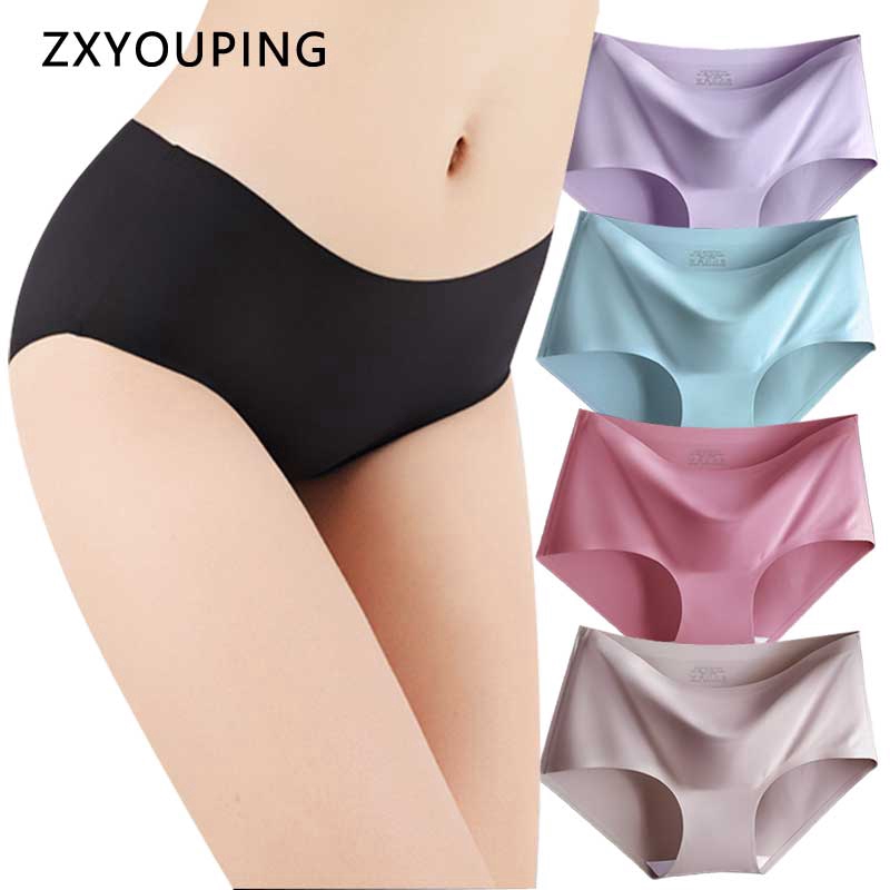 summer ice silk panties women seamless briefs mid waist plain underwear M-XXL