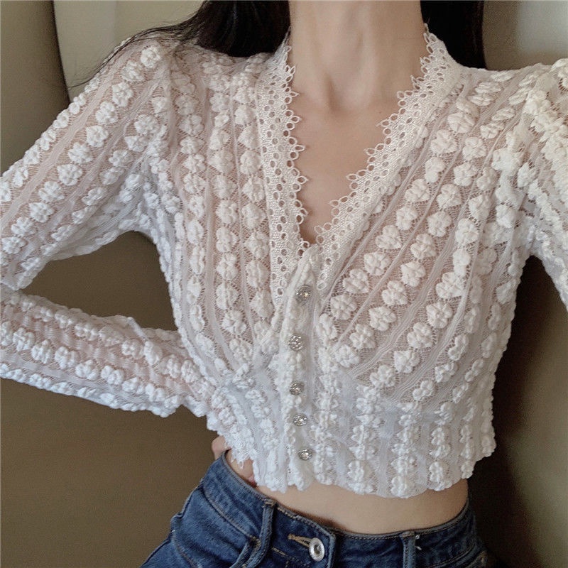 Áo Kiểu Dài Tay Cổ Chữ V Phối Ren Phong Cách Pháp Quyến Rũ Dành Cho Nữ