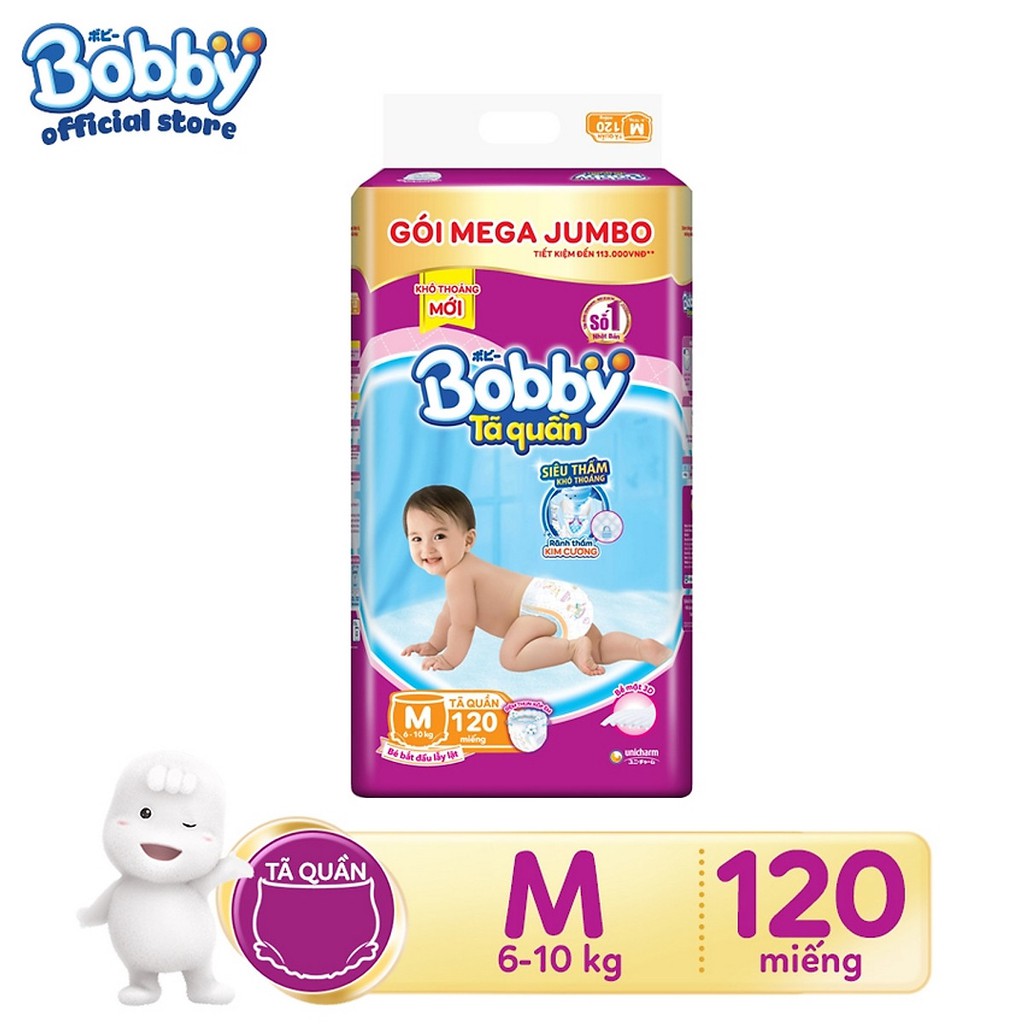 Tã quần Bobby - Đệm thấm lưng mồ hôi Mega Jumbo M124/L111/XL96/XXL88 mẫu mới.