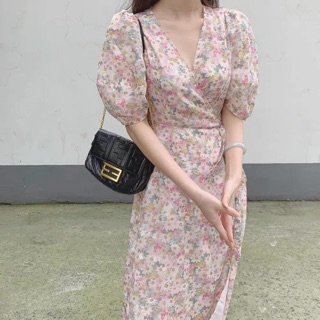 Đầm maxi hoa cổ v cột eo