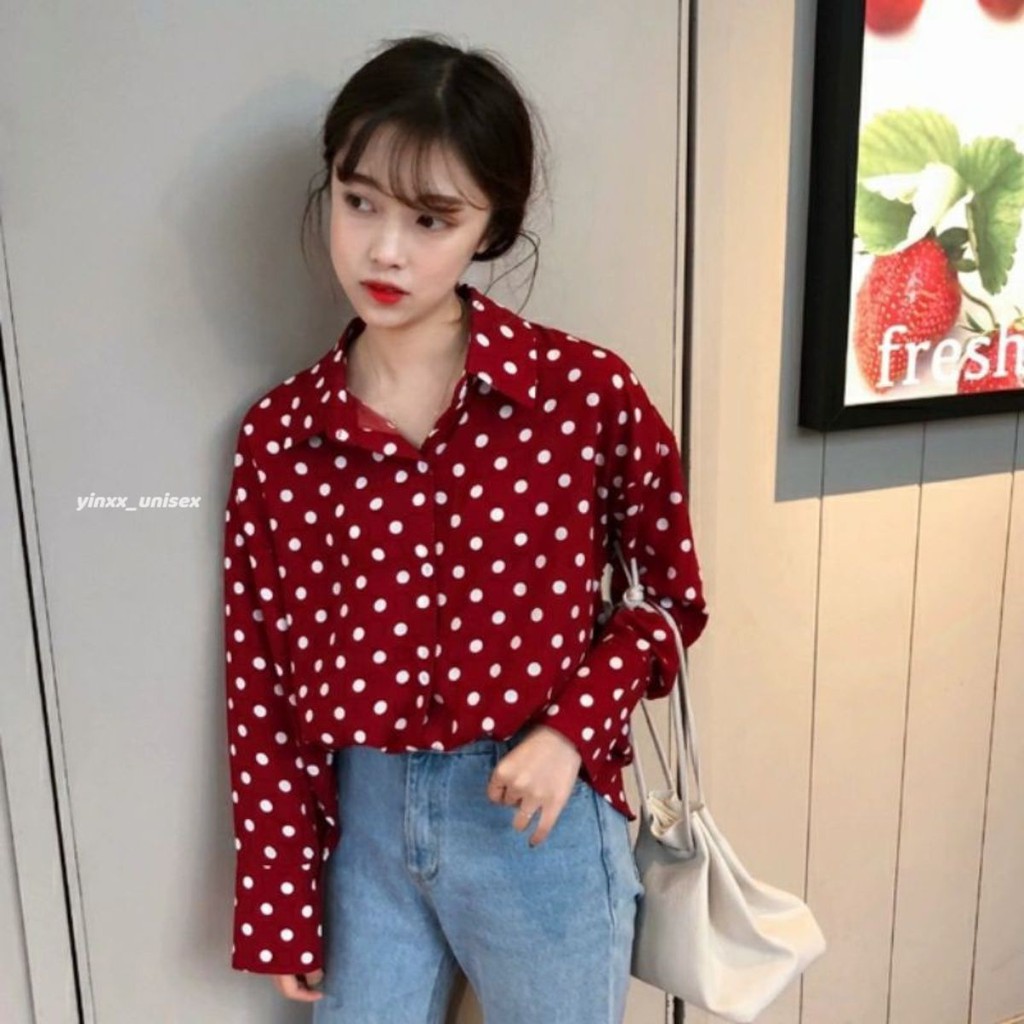 áo sơ mi tay dài chấm bi đỏ đen phong cách hàn quốc 2021