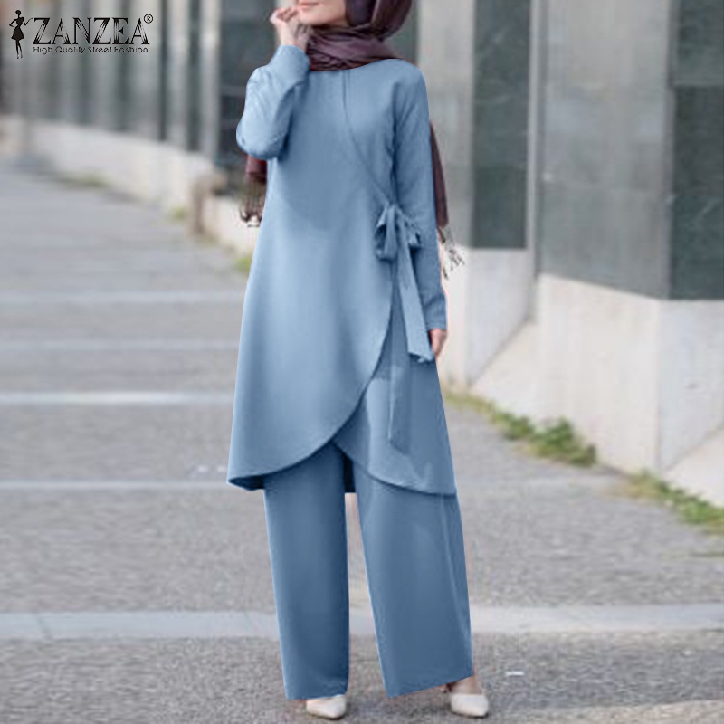 Bộ đồ hai mảnh Zanzea gồm áo tay dài và quần dài ống rộng màu trơn thiết kế đơn giản thời trang cho nữ