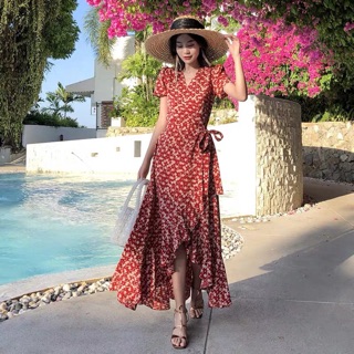 [ẢNH THẬT] Váy maxi boho cổ V lệch tà cột eo đuôi tôm siêu xinh chất mát mang đi du lịch, đi chơi