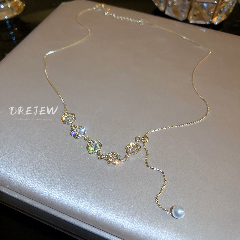 DREJEW Dây chuyền mạ vàng mặt hoa đính ngọc trai sang trọng cho nữ