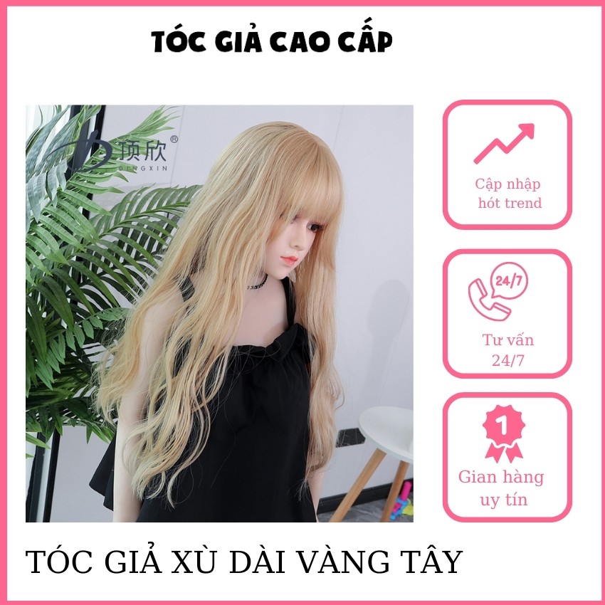 Tóc giả xù dài màu vàng tây, tặng kèm lưới trùm, mã d8174