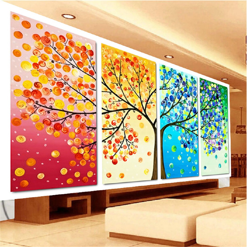 Bộ 4 tranh canvas hình cây 4 mùa dùng trang trí treo tường