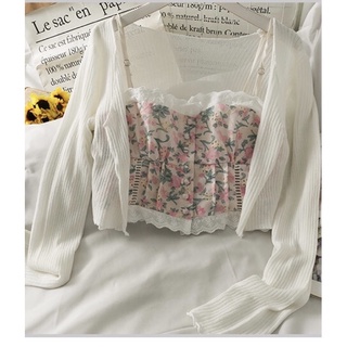 Set Áo Croptop Hoa Kèm Áo Khoác Len Vintage