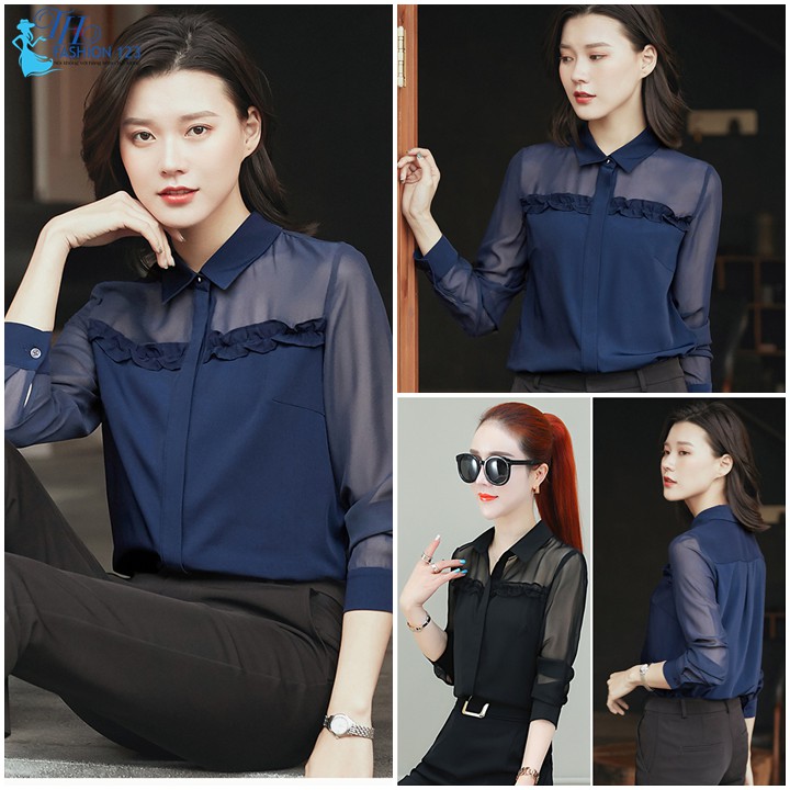 Áo sơ mi nữ tay dài nhún bèo ngực màu đen và màu xanh công sở dự tiệc dạo phố TH616