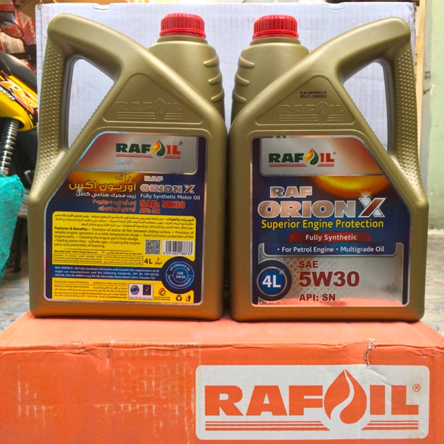 Nhớt Xe Hơi Máy Xăng RAF ORION X - API SN/CF 5W-30 + 10W-40 Fully Synthetic Can 4 Lit Made In UAE