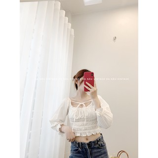 áo croptop chun ngực vải thô tay bồng hot trend (ảnh thật/hàng sẵn)