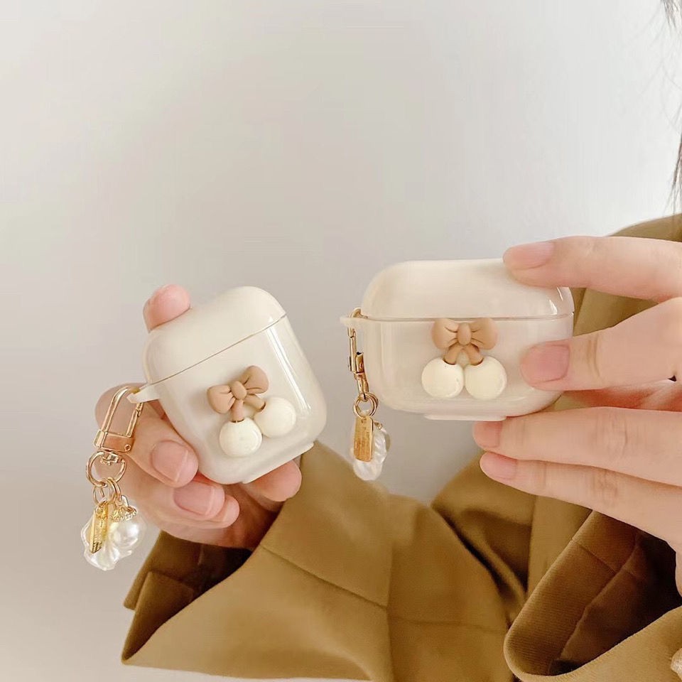 Vỏ bảo vệ hộp sạc tai nghe Airpods 1 2 3 Pro Apple Bluetooth chất liệu mềm hình gạo trắng cherry