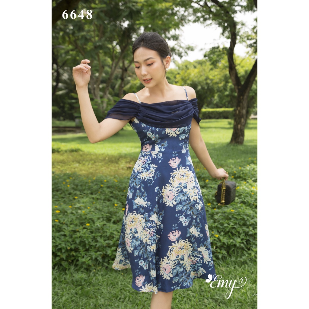 Đầm EMY EM6648 Xoè Hai Dây Choàng Vai Có Túi