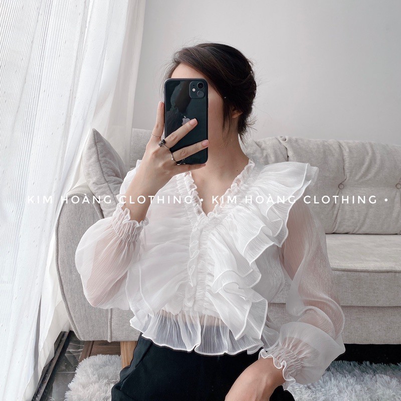 Áo sơ mi tiểu thư nữ bèo nhún kiểu trễ vai tay bồng bánh bèo | BigBuy360 - bigbuy360.vn