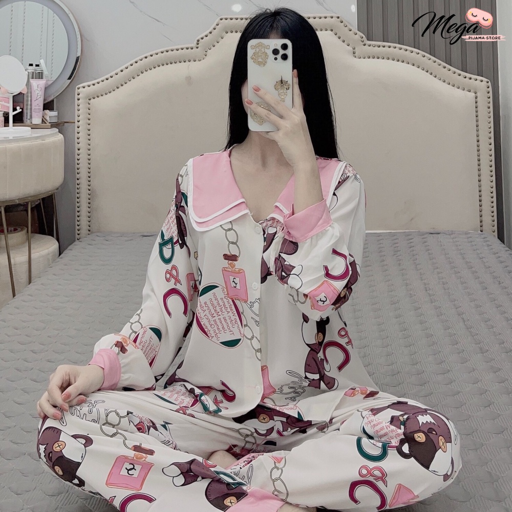Bộ pijama lụa mango phối cổ sen đôi, bộ đồ ngủ nữ phối họa tiết cực dễ thuong và trẻ trung DD05