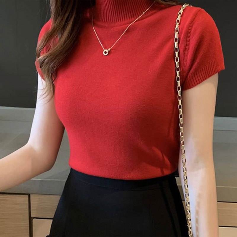 Áo Thun Dệt Kim Tay Ngắn Cổ Lọ Màu Trơn Thời Trang Mùa Hè Xinh Xắn Cho Nữ