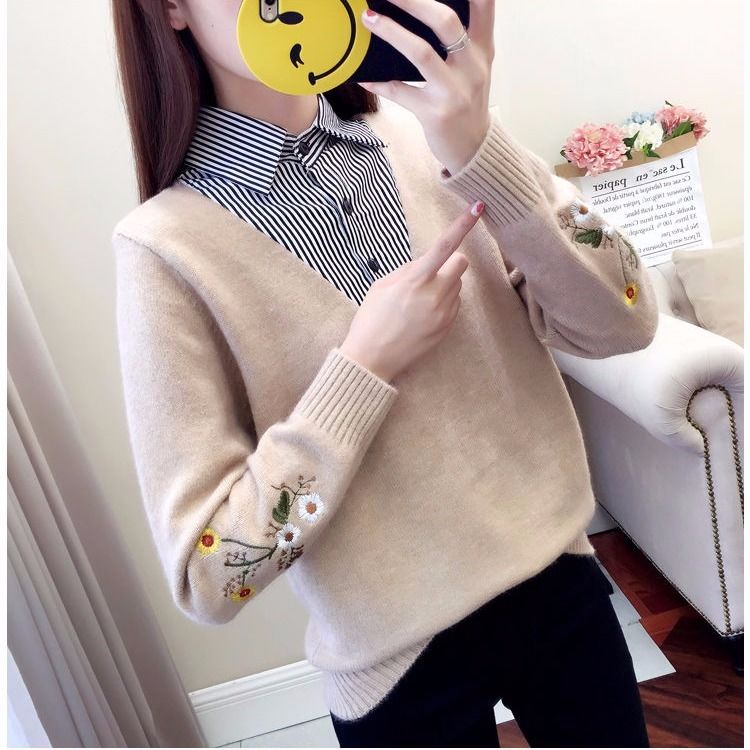 Áo dệt kim tay dài thêu hoa tùy chọn màu sắc