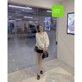 Set áo chấm bi phối quần sooc ống rộng nữ