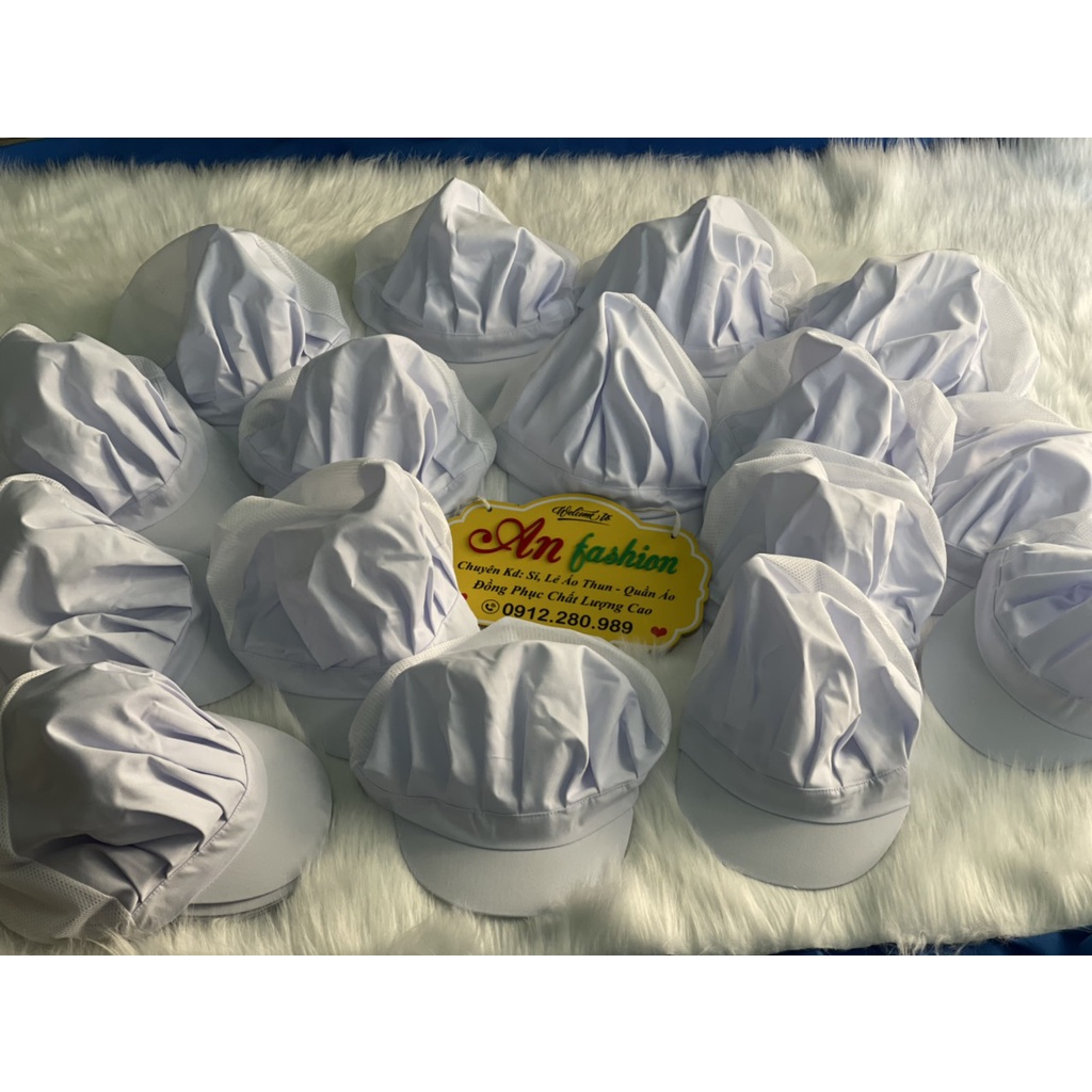 Nón đầu bếp nón lưới trùm đầu cao cấp dành cho Nam Nữ màu trắng có xếp ly vải kaki cao cấp.