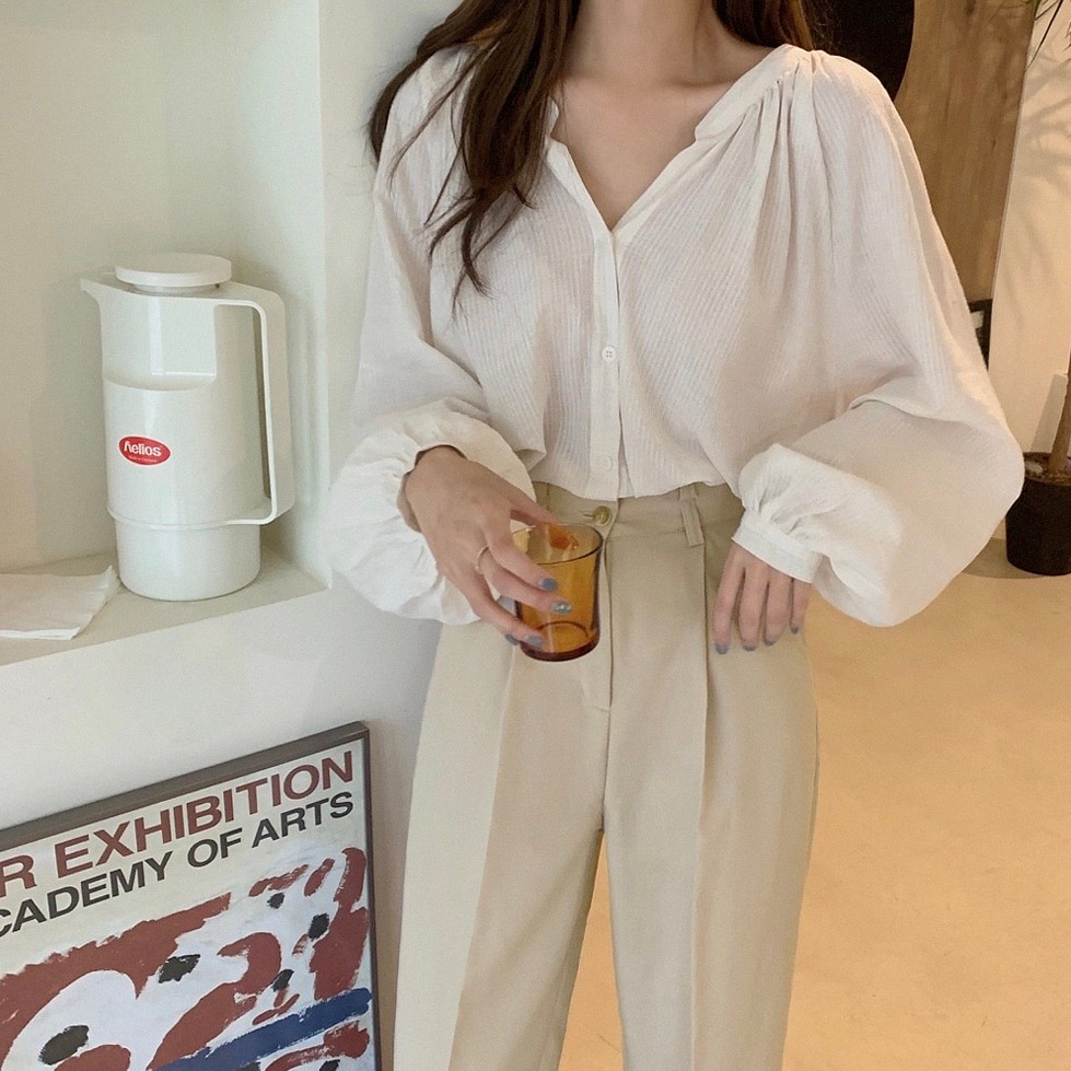 Áo sơ mi tay dài cổ chữ V dáng rộng màu trơn thời trang 40782