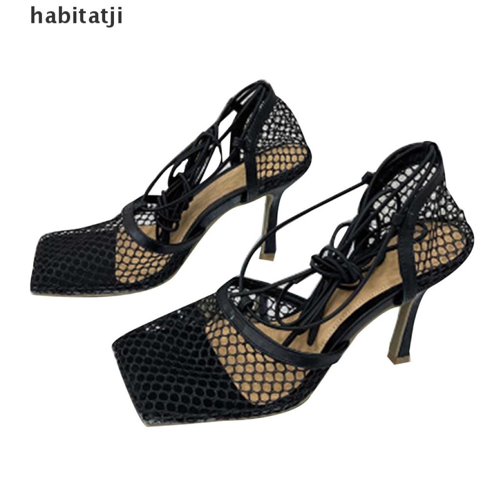 【tji】 2021 New Sexy Yellow Mesh Pumps Sandals Female Square Toe high heel Lace Up Cross-tied Stiletto hollow Dress shoes .