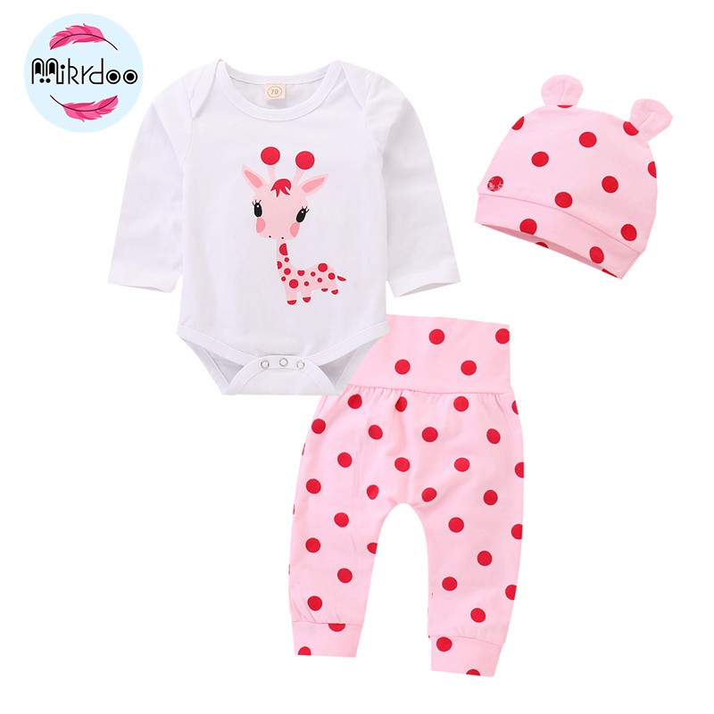 Bộ Áo Liền Quần + Quần Dài + Mũ Mikrdoo In Họa Tiết Động Vật Đáng Yêu Cho Bé Gái