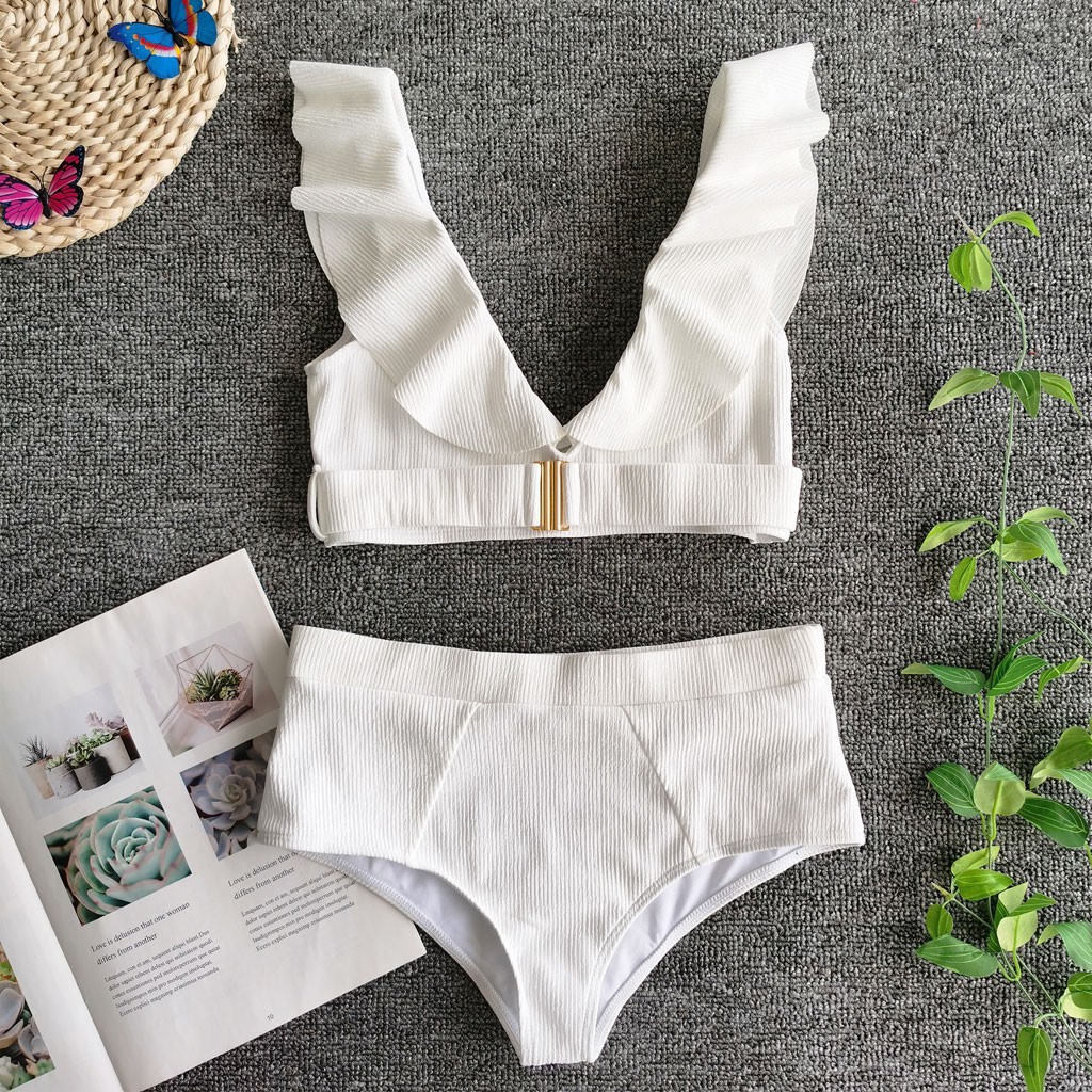 [Mã FACBGO245 giảm 10K đơn bất kì] Bộ bikini hai mảnh phối bèo trơn màu quyến rũ cho nữ | BigBuy360 - bigbuy360.vn