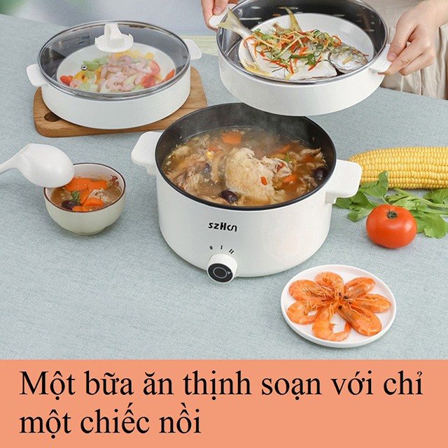 Nồi lẩu điện đa năng mini chống dính 2 tầng 2 nấc nhiệt 2.5 lít ăn lẩu mì chiên xào hấp luộc với 1 cái nồi - Aka Mart