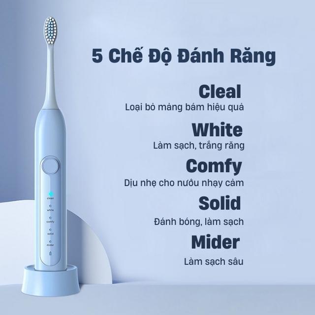 Bàn Chải Điện Đánh Răng Sonic Sợi Dupont 5 Chế Độ Làm Sạch Sâu Sạc Điện Tặng Kèm Chân Đế B10