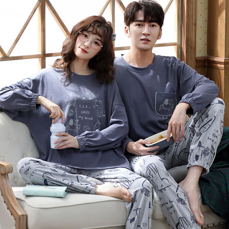 Bộ đồ ngủ cotton tay dài thời trang xuân hè cho cặp đôi 1If