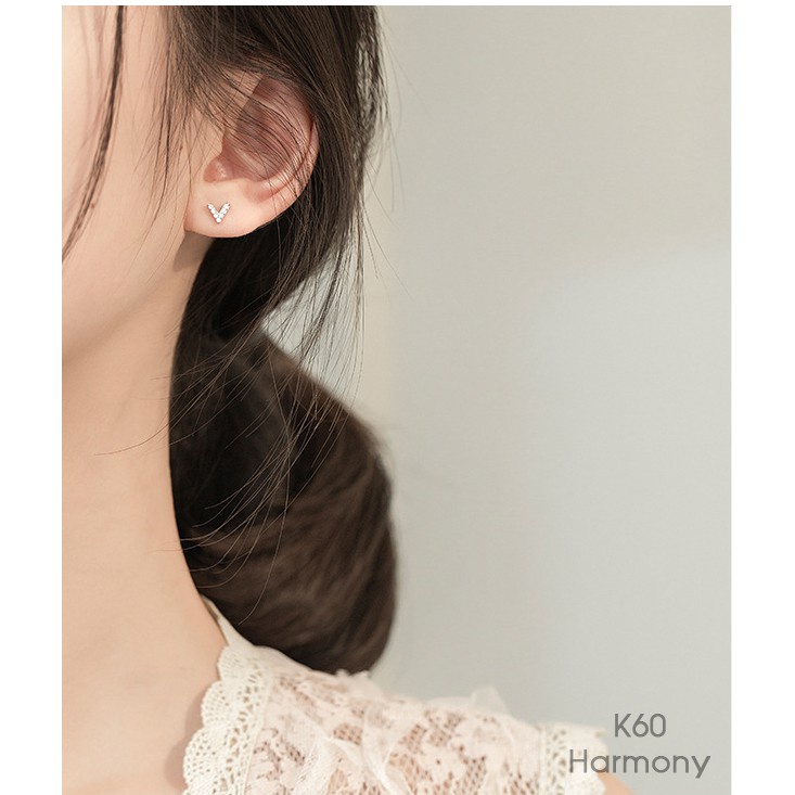 Bông, khuyên tai nữ bạc 925 mạ vàng V sliver thiết kế đính đá đơn giản, nhỏ nhắn, xinh xắn HARMONY K60