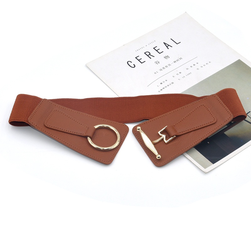 Thắt lưng da PU bản to co giãn phối khóa kim loại vàng thời trang cho nữ