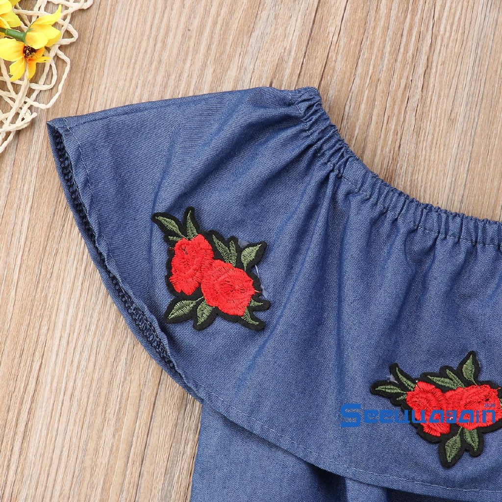 Set Áo 2 Dây Thêu Hoa Hồng+Quần Jeans Dài Cho Bé Gái (1-6 Tuổi)