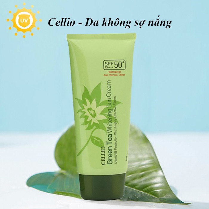 Kem chống nắng Cellio Green Tea Whitenning Sun Cream SPF50+ PA+++ 70g chiết xuất lá trà xanh - mỹ phẩm MINH HÀ cosmetics