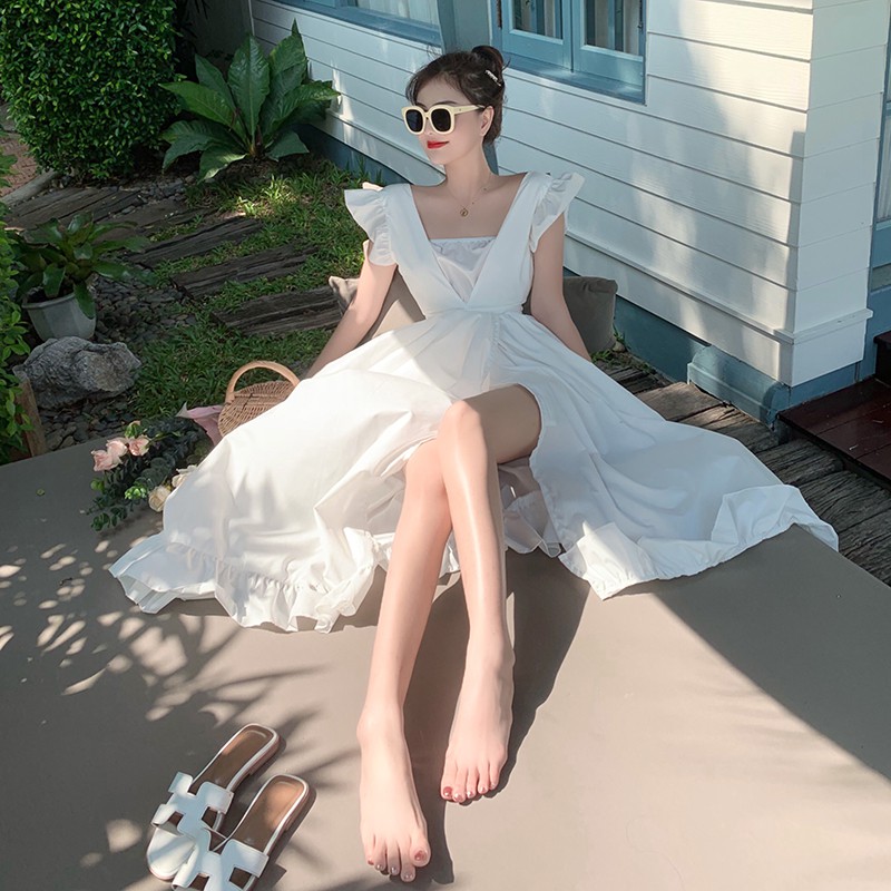 sẵn JANE Đầm trắng xoè đi biển xẻ tà biến hoá hai phong cách ỐN ẢNH THẬT CUỐI quyến rũ và dễ thương J0196