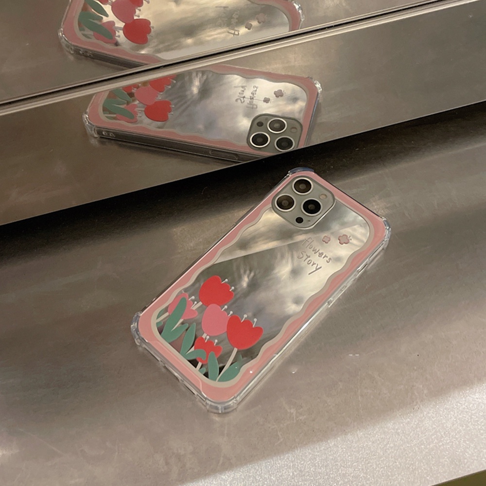 Ốp Điện Thoại TPU Dẻo Gắn Gương Trang Điểm Hình Hoa Tulip Cho iPhone 14 13 12 11 Pro Max XR X XS 7 Plus 8 Plus