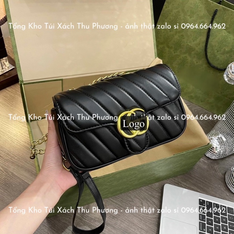 Túi G gân chéo da mềm size 22 đính logo vàng nổi đựng được nhiều đồ (hàng loại 1 - cam kết chuẩn hình)
