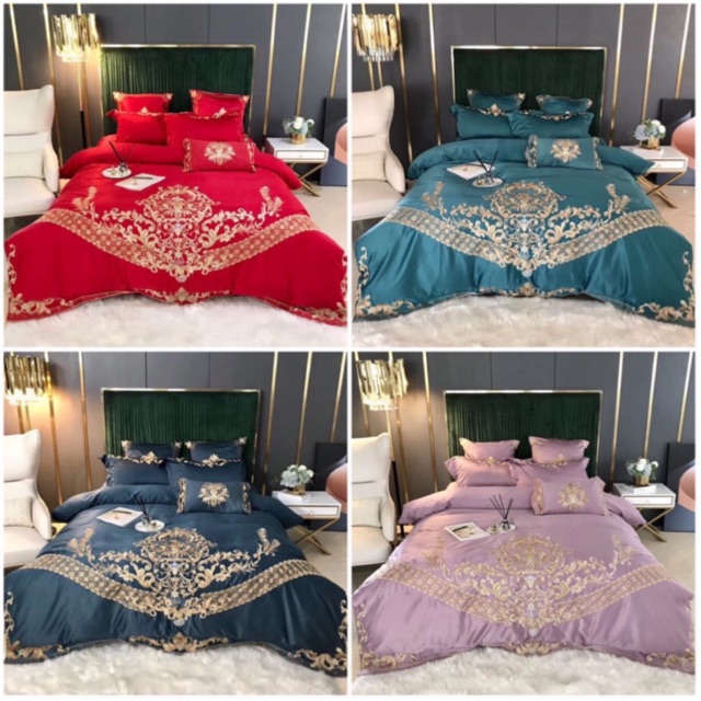 Bộ Chăn Ga Gối Lụa Silk 60s Thêu Hoàng Gia cao cấp set 4 món TIÊU CHUẨN