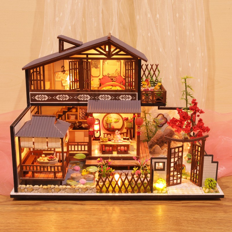 Mô hình nhà DIY Doll House Japanese Forest Valley Kèm Mica Chống bụi, Bộ dụng cụ, Keo dán và Bộ phát nhạc