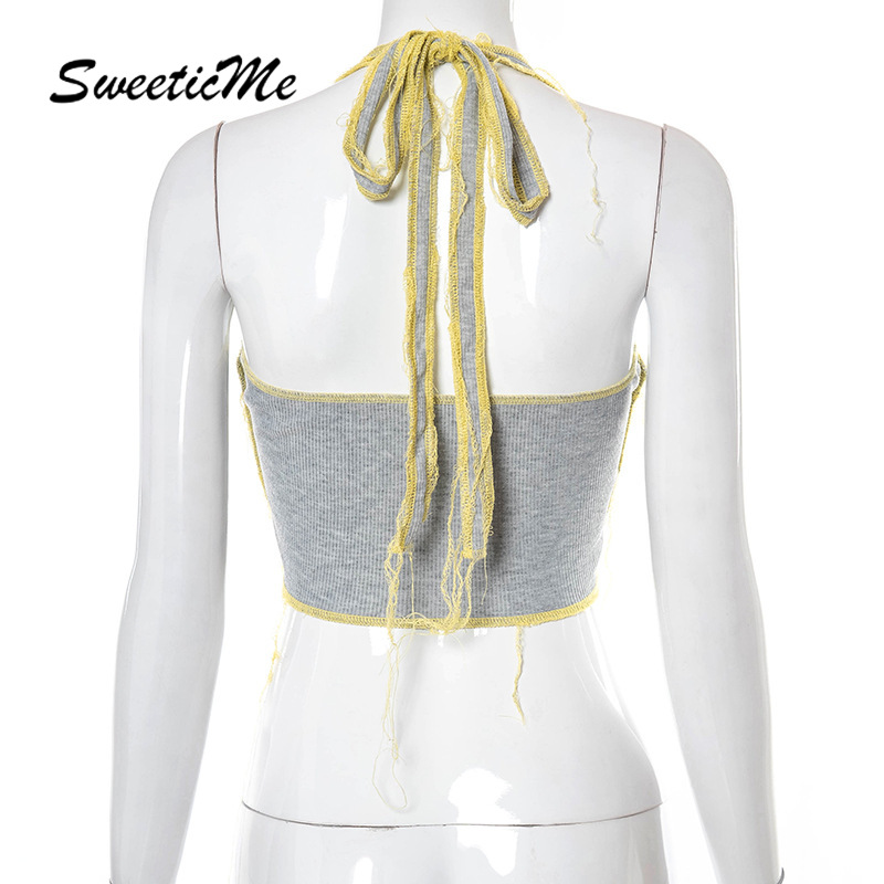 SweeticMe Women Contrast Lined Sexy V-neck Backless Slim Fit Casual Halter Top