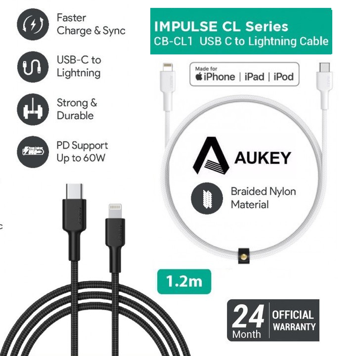 Aukey Dây Cáp Sạc Bện Nylon Chuyển Đổi Usb-c Sang Lightning Cb-cl1 1.2meter Or Cb-cl2 2m