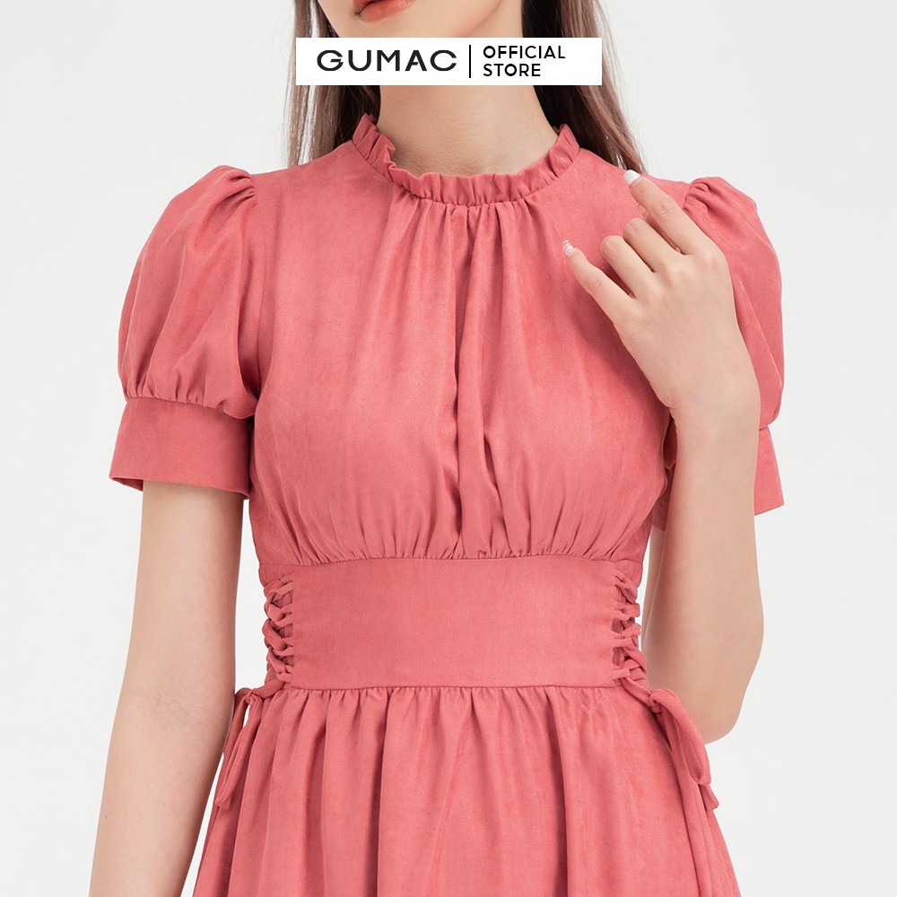 [Mã WABRGU72 giảm 10% tối đa 50k đơn 250k] Đầm xòe nữ đan eo nhún cổ GUMAC màu hồng phong cách vintage DB423