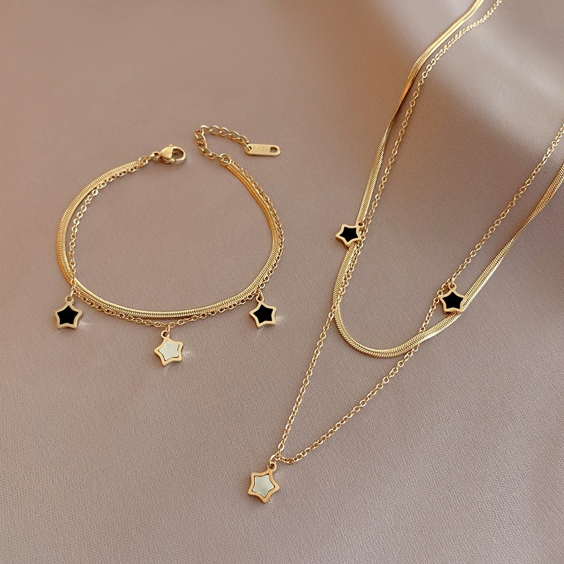 Dây Chuyền Hai Lớp Bằng Thép Không Gỉ Mạ Vàng 18K Hình Ngôi Sao Năm Cánh Phong Cách Hàn Quốc